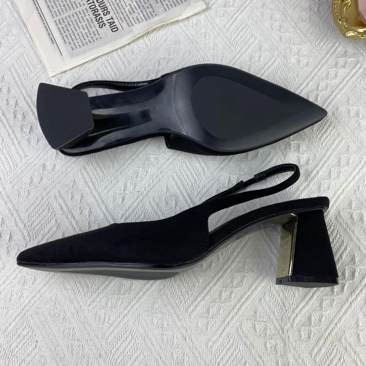 高跟鞋 ZA2023年夏季新品女鞋黑色露跟粗跟復古香港氣質穆勒鞋尖頭鞋-細節圖3