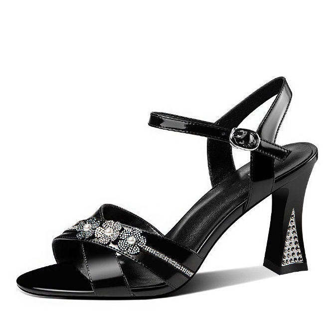 高跟鞋 水鉆魚嘴涼鞋女2023年夏季新款高級感女鞋粗跟百搭一字扣帶鞋-細節圖5