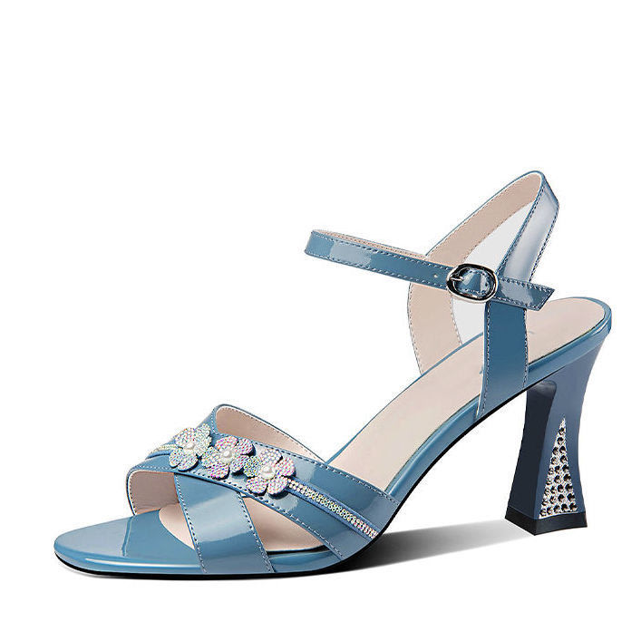 高跟鞋 水鉆魚嘴涼鞋女2023年夏季新款高級感女鞋粗跟百搭一字扣帶鞋-細節圖6