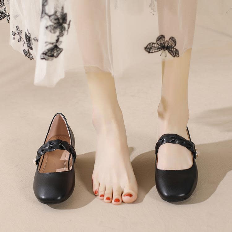 正韓秋季真皮女鞋2023新款鞋子女生工作穿百搭粗跟方頭瑪麗珍鞋女-細節圖3