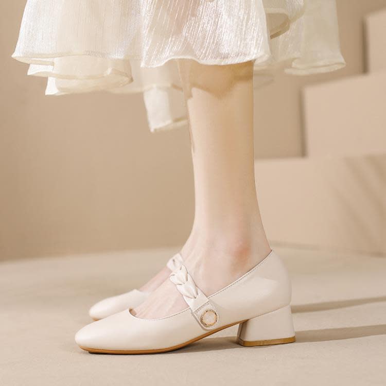 正韓秋季真皮女鞋2023新款鞋子女生工作穿百搭粗跟方頭瑪麗珍鞋女-細節圖4