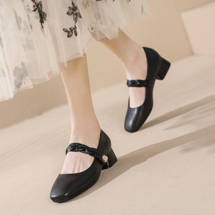 正韓秋季真皮女鞋2023新款鞋子女生工作穿百搭粗跟方頭瑪麗珍鞋女-細節圖6