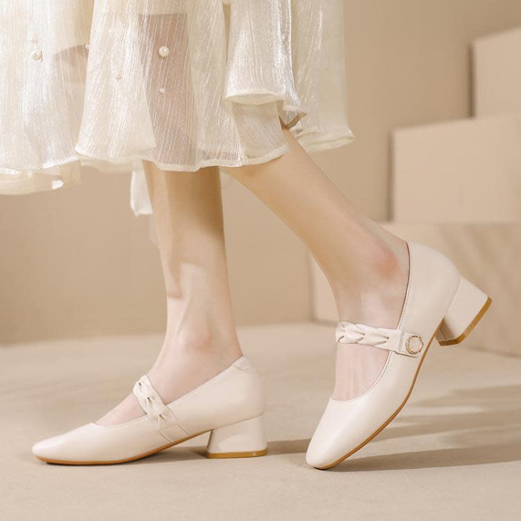 正韓秋季真皮女鞋2023新款鞋子女生工作穿百搭粗跟方頭瑪麗珍鞋女-細節圖7