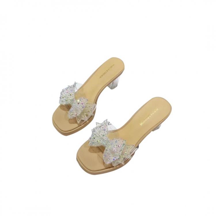 厚底鞋 2023年新款粗跟露趾防水臺透明水晶鞋拖鞋-細節圖5