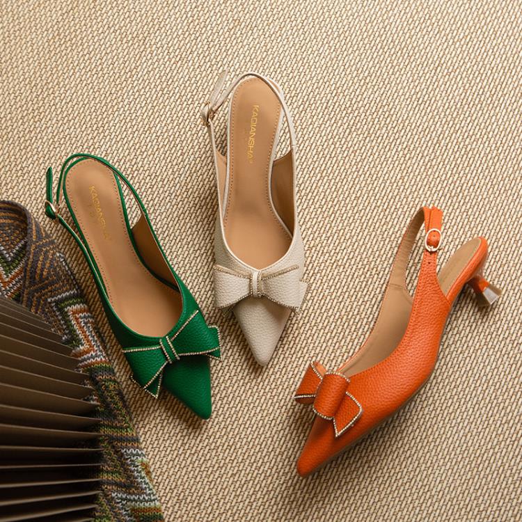 低跟鞋 荔枝皮后空時尚涼鞋女2023春季新款尖頭包頭涼鞋細跟搭扣女鞋-細節圖4