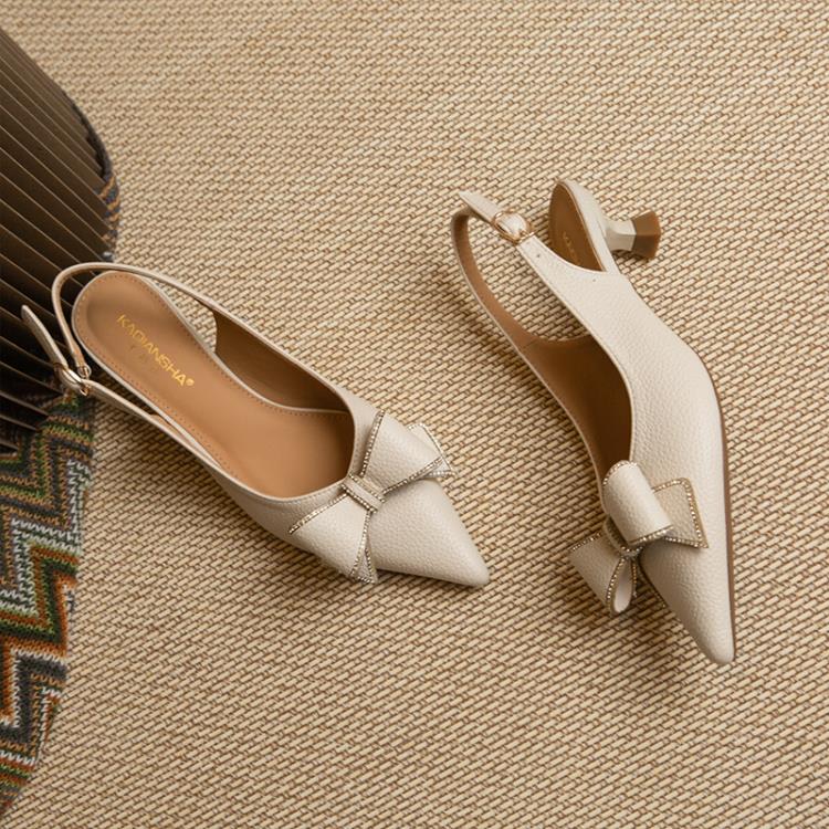 低跟鞋 荔枝皮后空時尚涼鞋女2023春季新款尖頭包頭涼鞋細跟搭扣女鞋-細節圖6