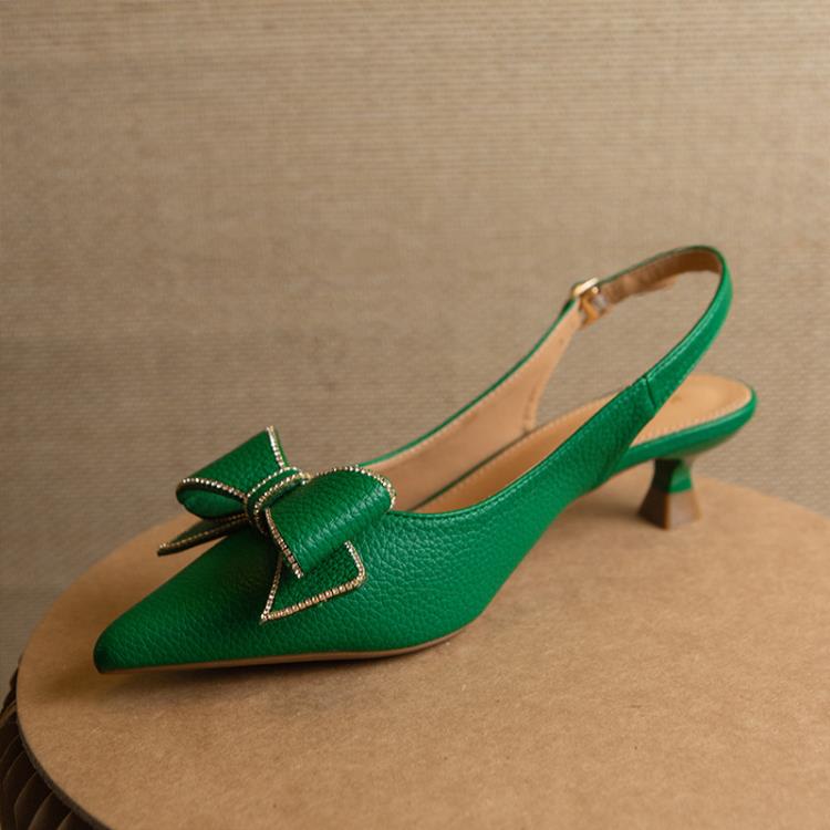 低跟鞋 荔枝皮后空時尚涼鞋女2023春季新款尖頭包頭涼鞋細跟搭扣女鞋-細節圖7