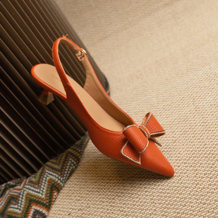 低跟鞋 荔枝皮后空時尚涼鞋女2023春季新款尖頭包頭涼鞋細跟搭扣女鞋-細節圖8