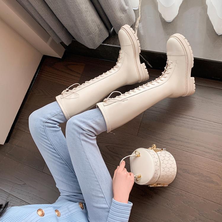 長靴 小筒圍2023秋季新女靴系帶馬丁靴復古高筒靴厚底平底騎士靴-細節圖2