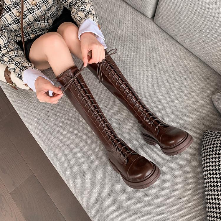 長靴 小筒圍2023秋季新女靴系帶馬丁靴復古高筒靴厚底平底騎士靴-細節圖3