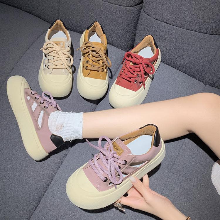 厚底鞋 鏤空透氣小白鞋女2023年新款夏季復古包頭涼鞋丑萌大頭板鞋女-細節圖2