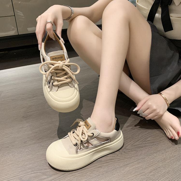 厚底鞋 鏤空透氣小白鞋女2023年新款夏季復古包頭涼鞋丑萌大頭板鞋女-細節圖3