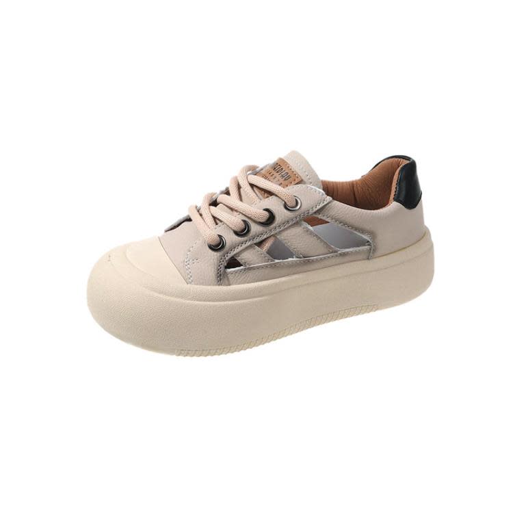 厚底鞋 鏤空透氣小白鞋女2023年新款夏季復古包頭涼鞋丑萌大頭板鞋女-細節圖5