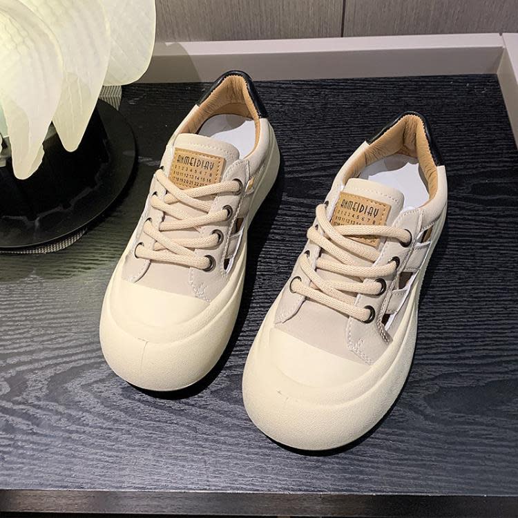 厚底鞋 鏤空透氣小白鞋女2023年新款夏季復古包頭涼鞋丑萌大頭板鞋女-細節圖6