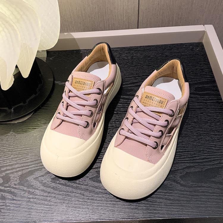 厚底鞋 鏤空透氣小白鞋女2023年新款夏季復古包頭涼鞋丑萌大頭板鞋女-細節圖7