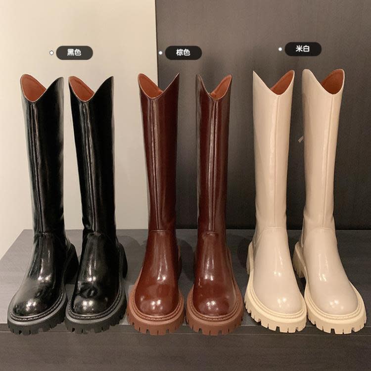 長靴 復古女靴2023秋季新款防水臺粗跟高筒靴后拉鍊圓頭西部牛仔靴-細節圖2