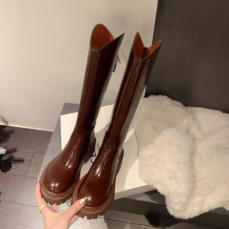 長靴 復古女靴2023秋季新款防水臺粗跟高筒靴后拉鍊圓頭西部牛仔靴-細節圖3