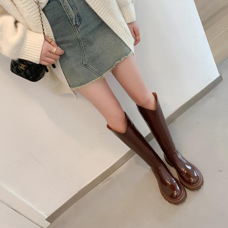 長靴 復古女靴2023秋季新款防水臺粗跟高筒靴后拉鍊圓頭西部牛仔靴-細節圖4