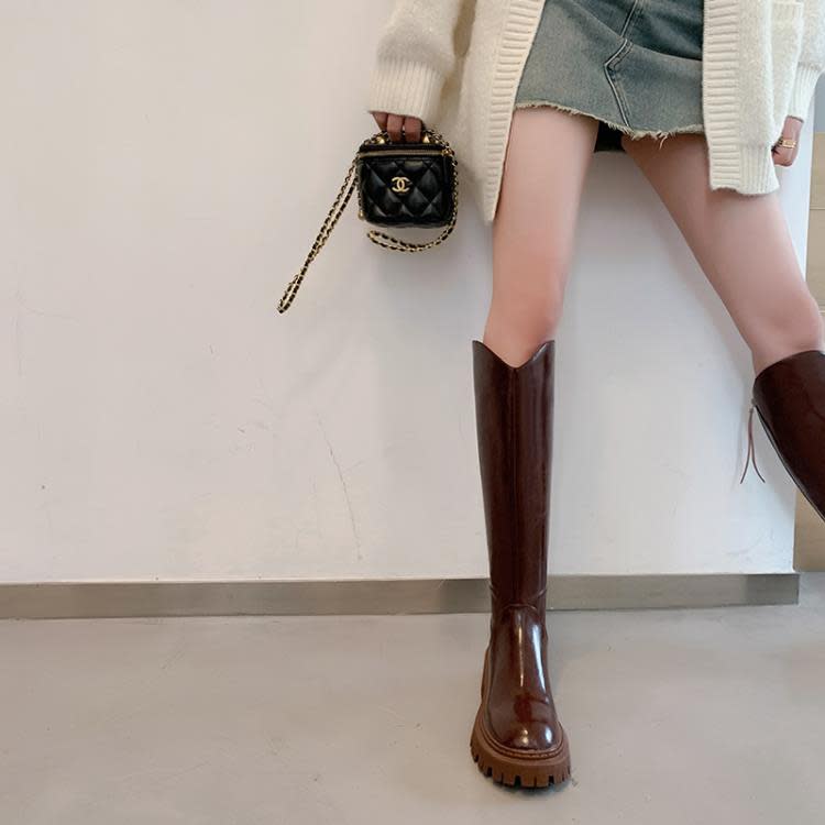 長靴 復古女靴2023秋季新款防水臺粗跟高筒靴后拉鍊圓頭西部牛仔靴-細節圖6