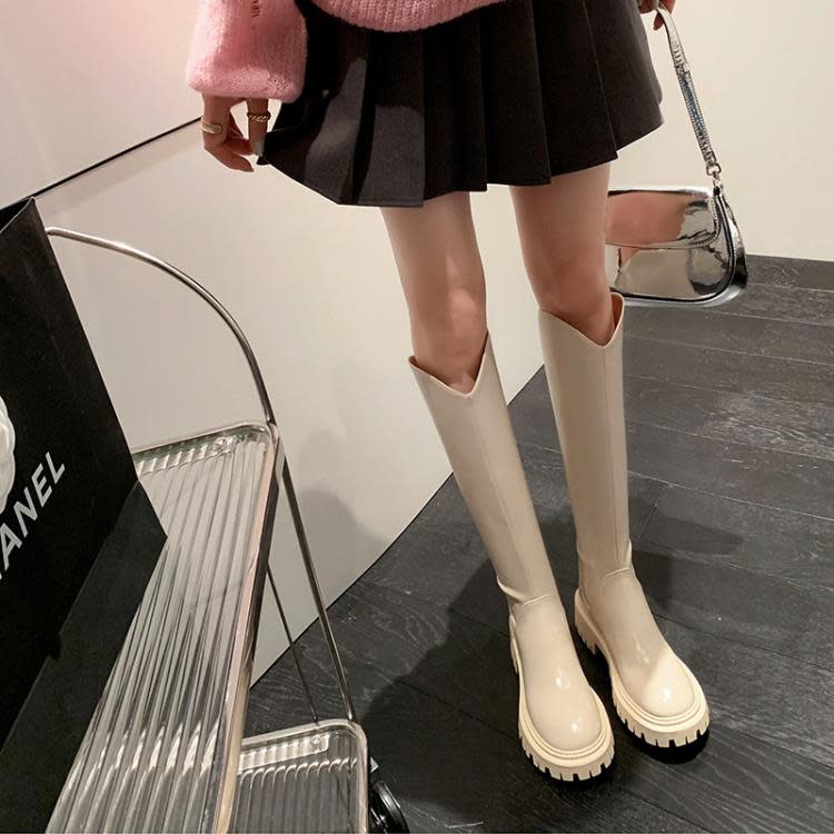 長靴 復古女靴2023秋季新款防水臺粗跟高筒靴后拉鍊圓頭西部牛仔靴-細節圖7