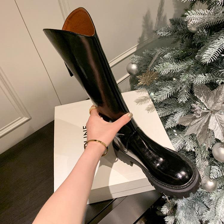 長靴 復古女靴2023秋季新款防水臺粗跟高筒靴后拉鍊圓頭西部牛仔靴-細節圖8