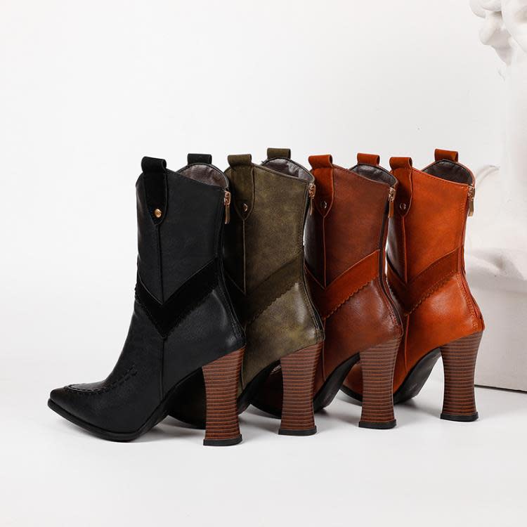 短靴 2023外銷款女靴馬丁靴騎士靴木紋粗跟高跟歐美復古超大碼-細節圖2