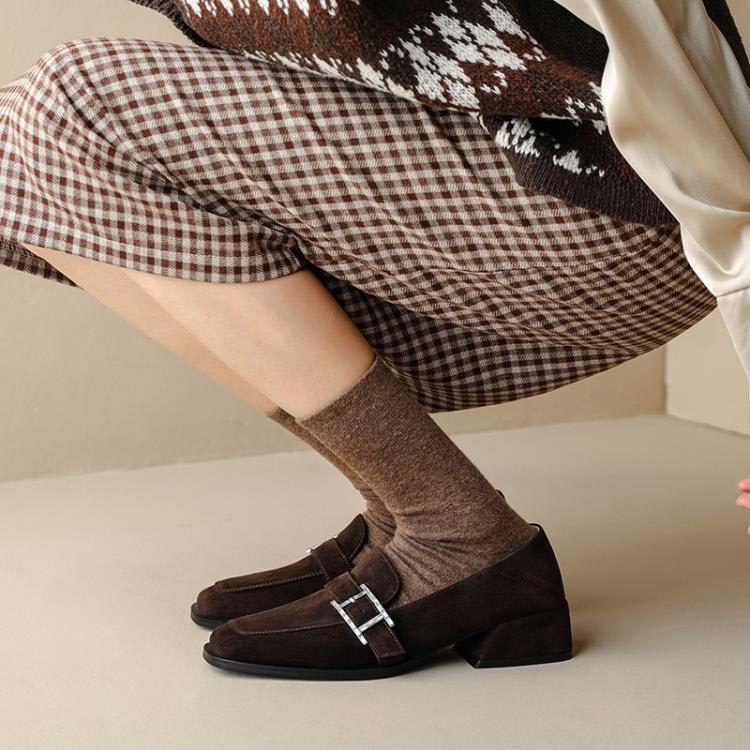 樂福鞋 復古女2023秋女鞋子粗跟中跟高跟鞋一腳蹬懶人鞋英倫小皮鞋-細節圖4