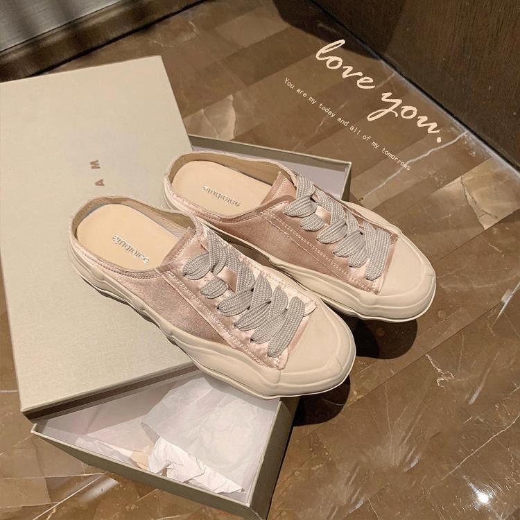 葡萄媽同款夏季圓頭系帶帆布鞋百搭溶解半拖休閒運動板鞋女-細節圖2