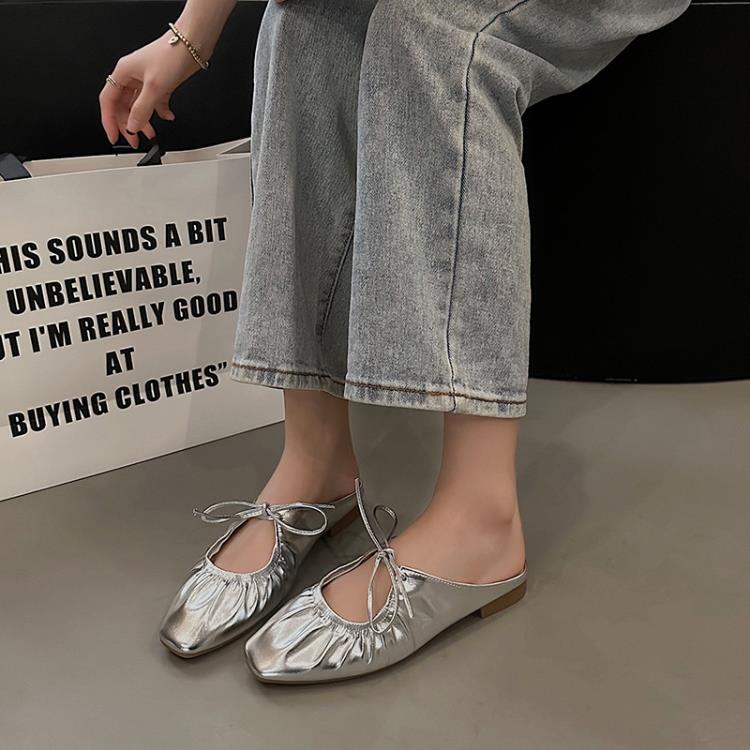 拖鞋 正韓2023年包頭后空拖鞋鞋女時尚蝴蝶結綁鏤空矮跟女鞋包頭百搭款-細節圖6