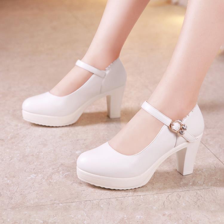 8cm旗袍模特走秀高跟鞋女粗跟厚底防水臺淺口圓頭舒適小碼工作鞋-細節圖3