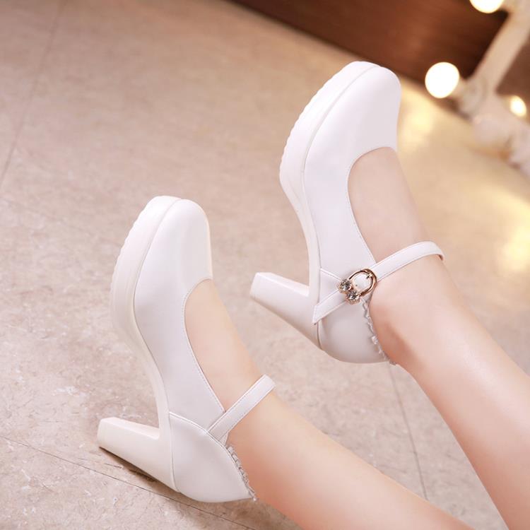 8cm旗袍模特走秀高跟鞋女粗跟厚底防水臺淺口圓頭舒適小碼工作鞋-細節圖4