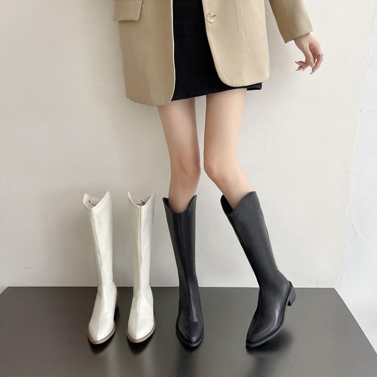 長靴 女冬季新2023方根木跟尖頭側拉鍊皮面復古粗跟高筒V口女靴-細節圖4