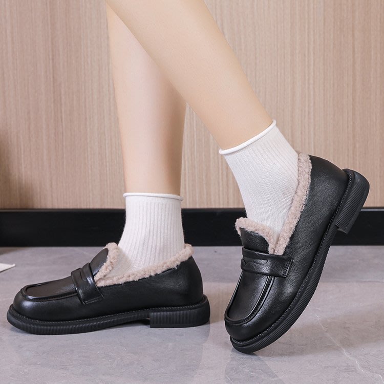 樂福鞋 大碼棉鞋女2023冬季新款學生厚底加絨毛毛鞋一腳蹬休閒棉鞋-細節圖3