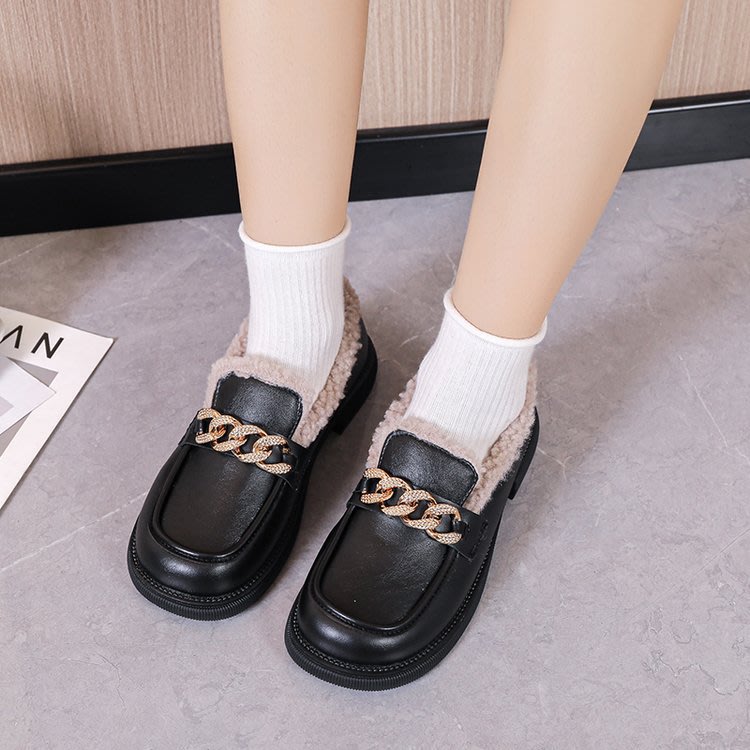 樂福鞋 大碼棉鞋女2023冬季新款學生厚底加絨毛毛鞋一腳蹬休閒棉鞋-細節圖7