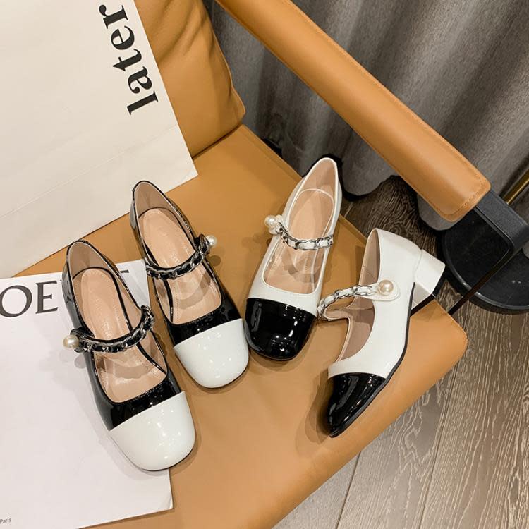 中跟鞋 2023春季新款網紅珍珠單鞋復古法式小香風瑪麗珍鞋粗跟小皮鞋-細節圖2