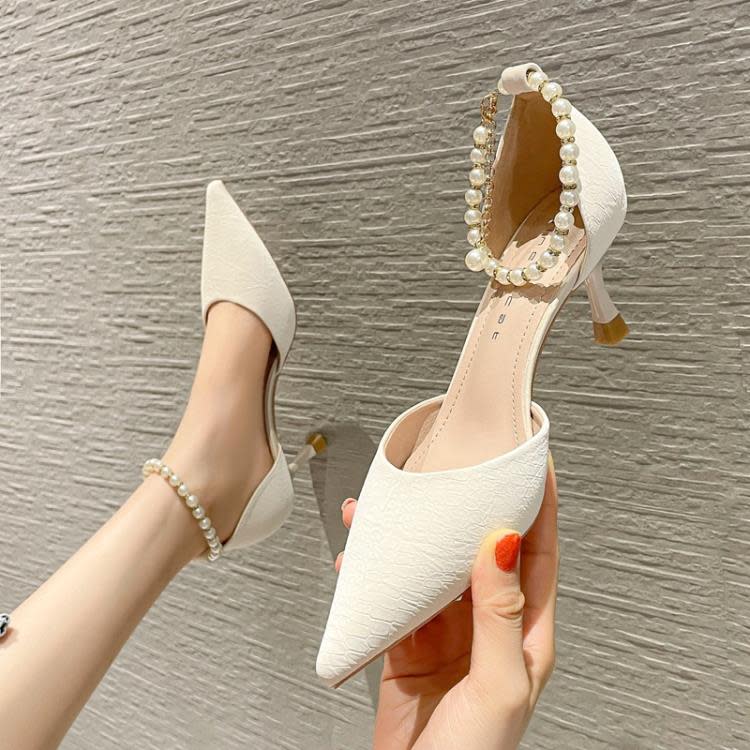 高跟鞋 61801 甜粉鞋女細跟2023春夏新款尖頭中空單鞋珍珠百搭仙女鞋-細節圖3