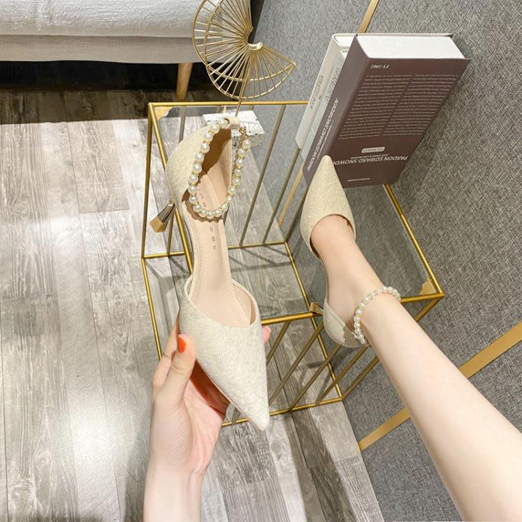 高跟鞋 61801 甜粉鞋女細跟2023春夏新款尖頭中空單鞋珍珠百搭仙女鞋-細節圖4