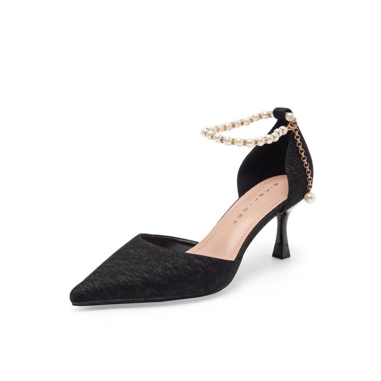 高跟鞋 61801 甜粉鞋女細跟2023春夏新款尖頭中空單鞋珍珠百搭仙女鞋-細節圖5