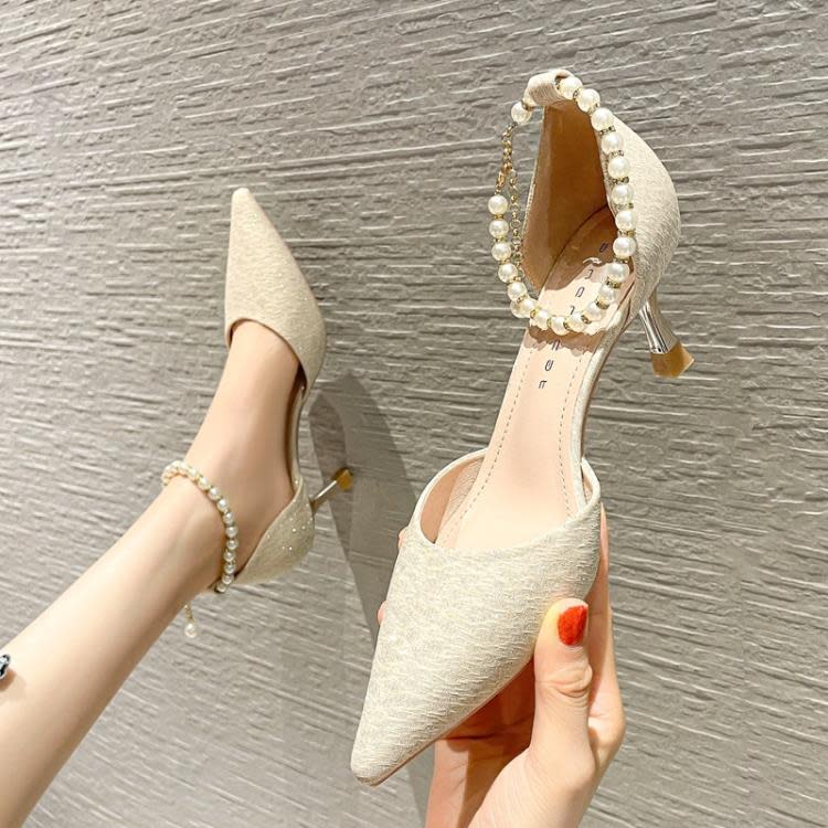 高跟鞋 61801 甜粉鞋女細跟2023春夏新款尖頭中空單鞋珍珠百搭仙女鞋-細節圖8