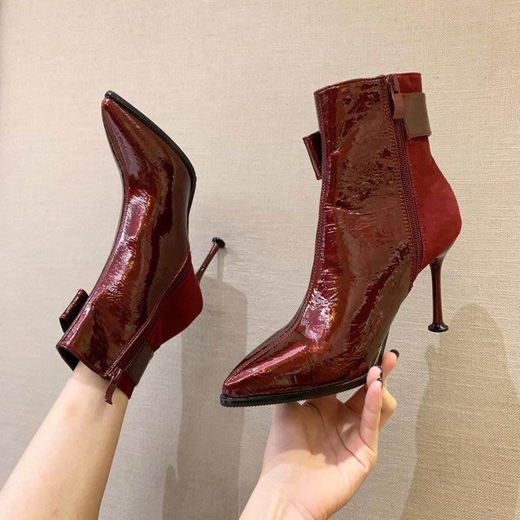 短靴 8086-7（此款售完不補貨）彈力單靴時裝漆皮馬丁靴細跟女靴-細節圖3