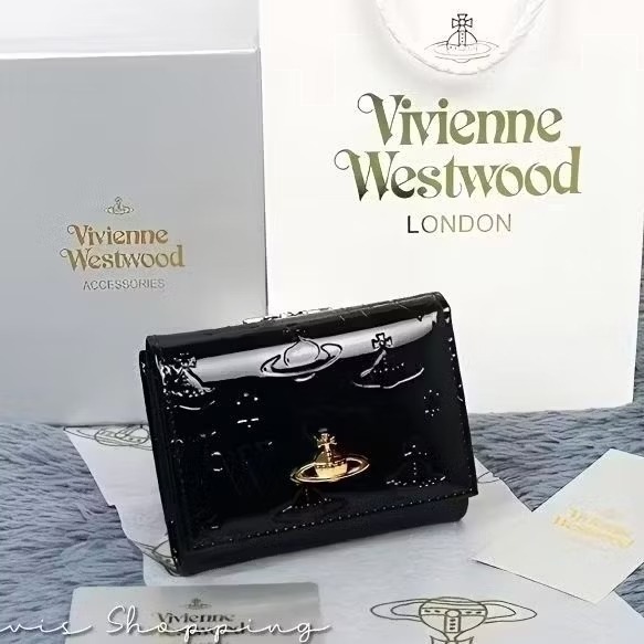 日本Vivienne Westwood-薇薇安.威斯特伍德/ 土星球壓紋漆皮皮革/黑色短皮夾-細節圖4