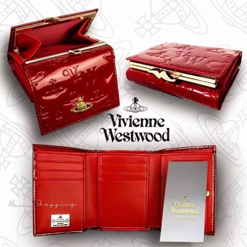 現貨-日本Vivienne Westwood-薇薇安.威斯特伍德/ 土星球壓紋漆皮皮革/酒紅色三折短皮夾-細節圖2