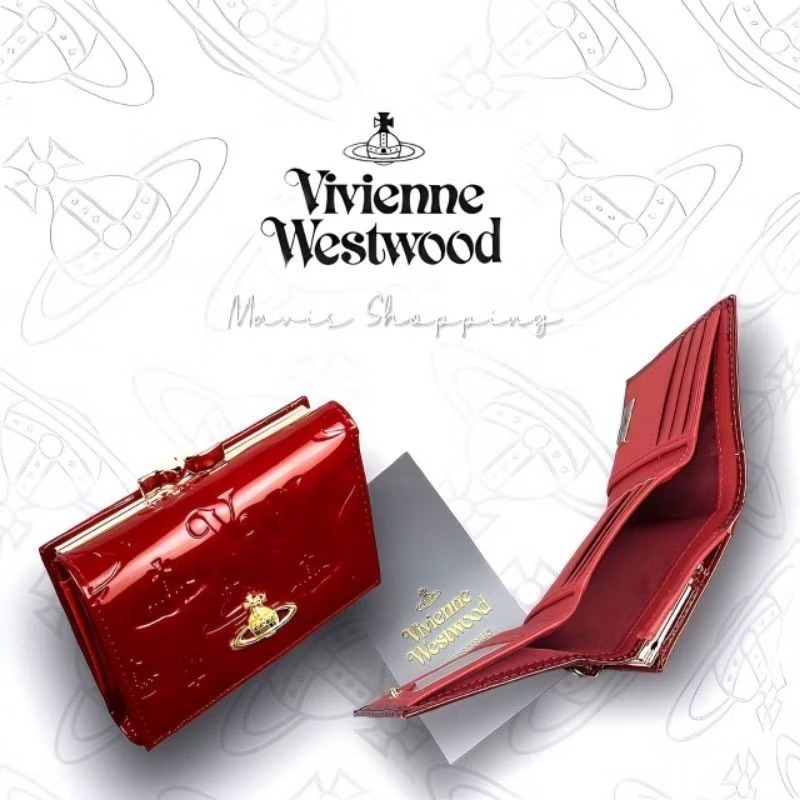 現貨-日本Vivienne Westwood-薇薇安.威斯特伍德/ 土星球壓紋漆皮皮革/酒紅色三折短皮夾-細節圖3