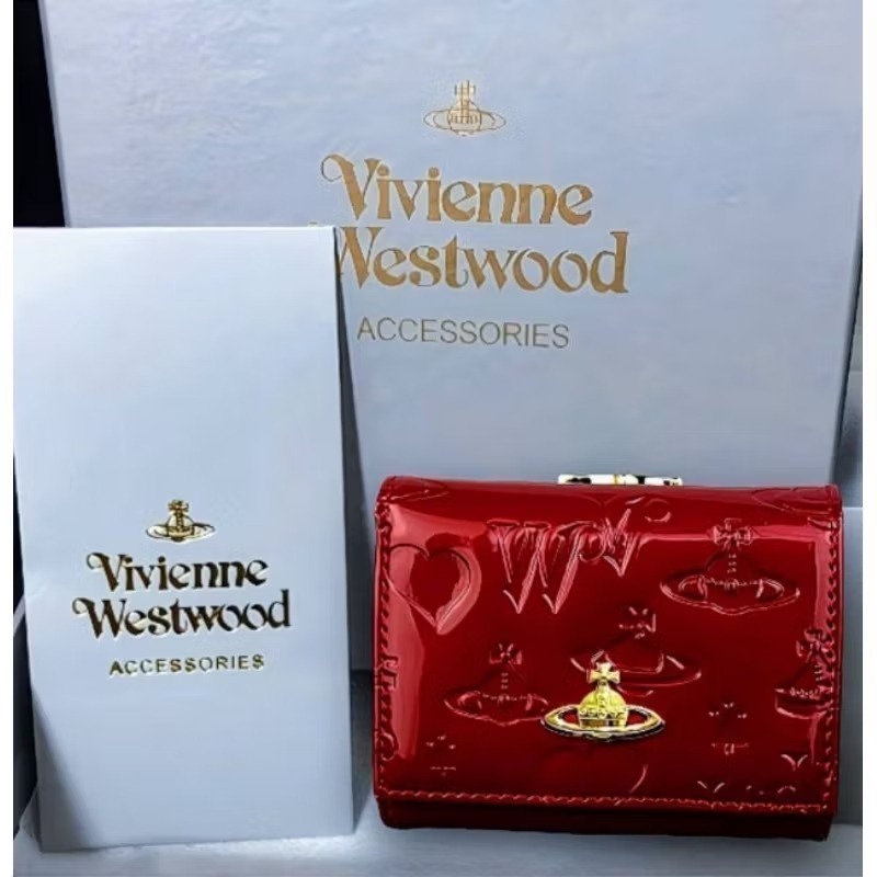 現貨-日本Vivienne Westwood-薇薇安.威斯特伍德/ 土星球壓紋漆皮皮革/酒紅色三折短皮夾-細節圖4