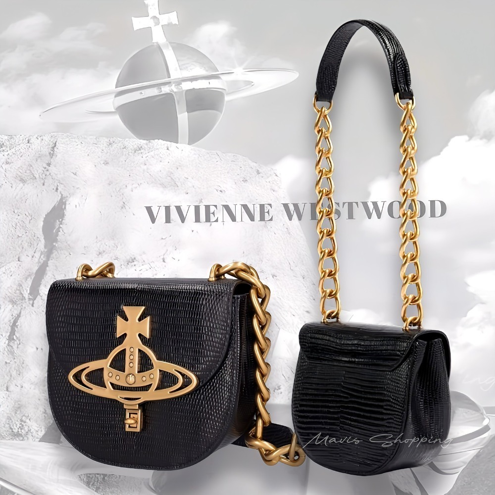 🇬🇧Vivienne Westwood黑色翻蓋-金色Logo斜背包/小號蜥蜴皮革斜/肩背鏈條和皮革包包-細節圖4