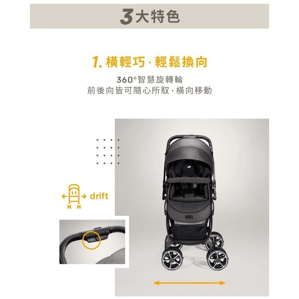 ★送wish斜躺搖籃★ Joie float 4WD drift 橫輕巧x雙向手推車(月影黑/亞麻棕/荒野綠)-細節圖3