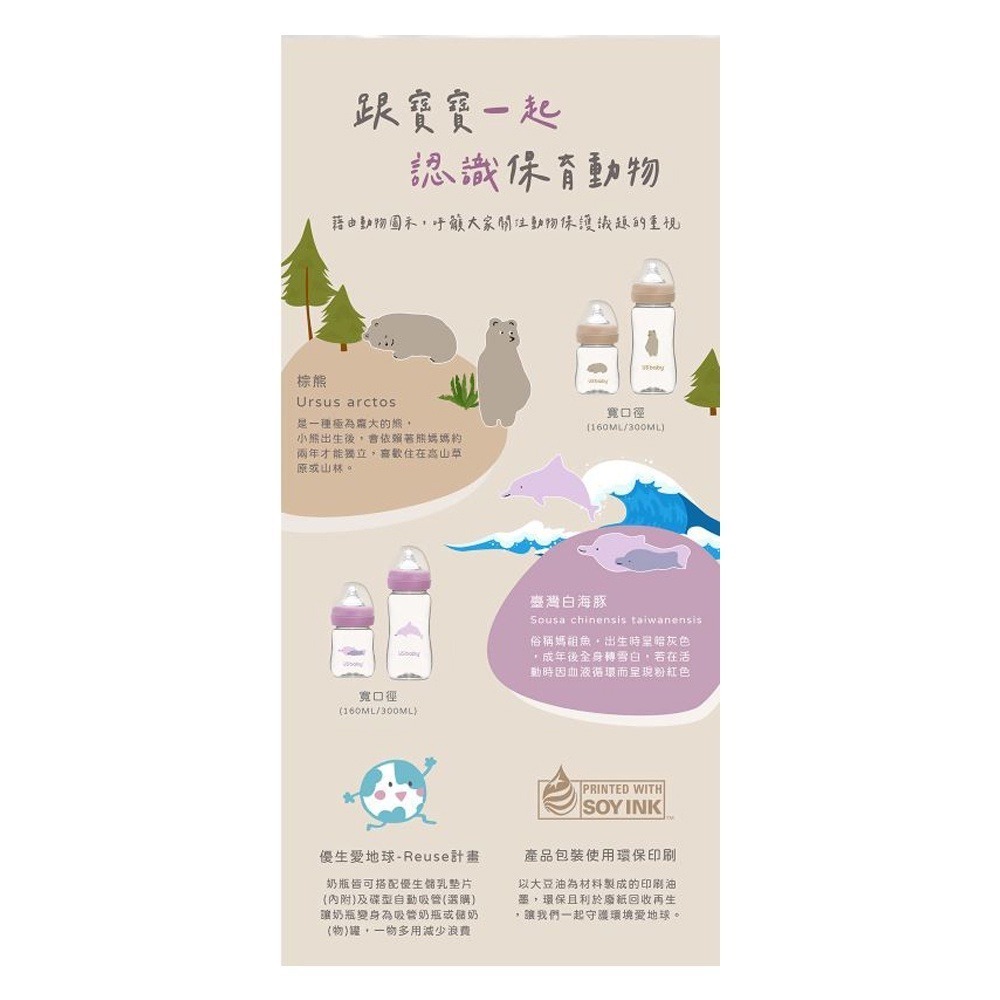 ★買5支送喜多溫奶器★優生 愛地球真母感TRITAN奶瓶 寬口徑 160ml/300ml（棕熊/白海豚）-細節圖6