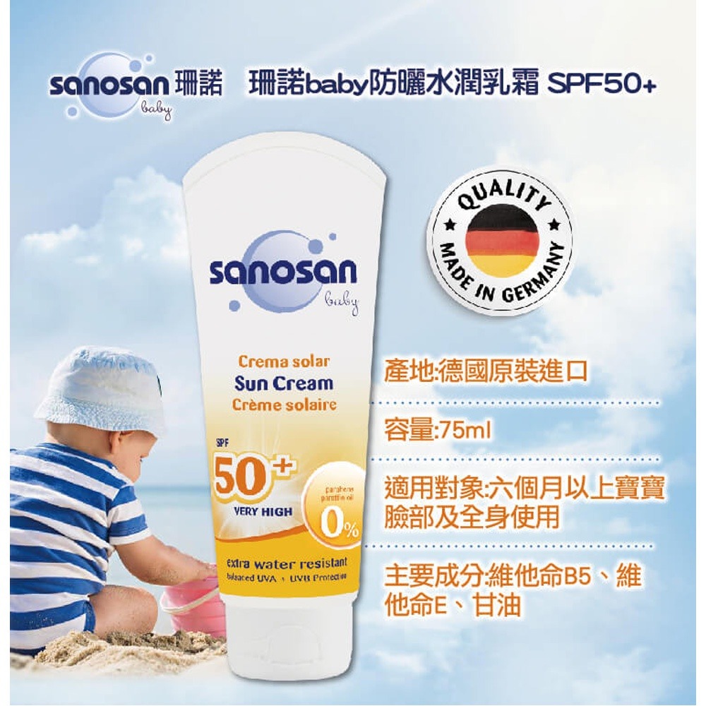 sanosan 珊諾 baby防曬水潤乳霜超值版（防曬水潤乳霜SPF50+75ml 送洗髮沐浴露500ml）-細節圖2