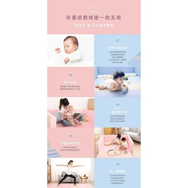 ★贈矽膠海灘玩沙組★ KIDMORY 兒童IXPE安全折疊遊戲城堡地墊組（KM-567）（灰藍/粉白）-細節圖5