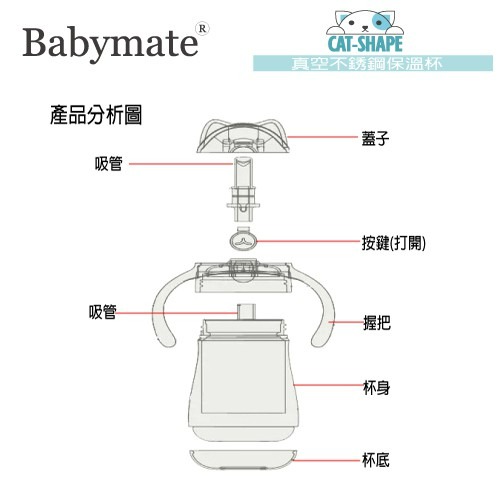 Babymate 不鏽鋼貓咪吸管保溫杯 220ml（藍 / 粉）-細節圖6